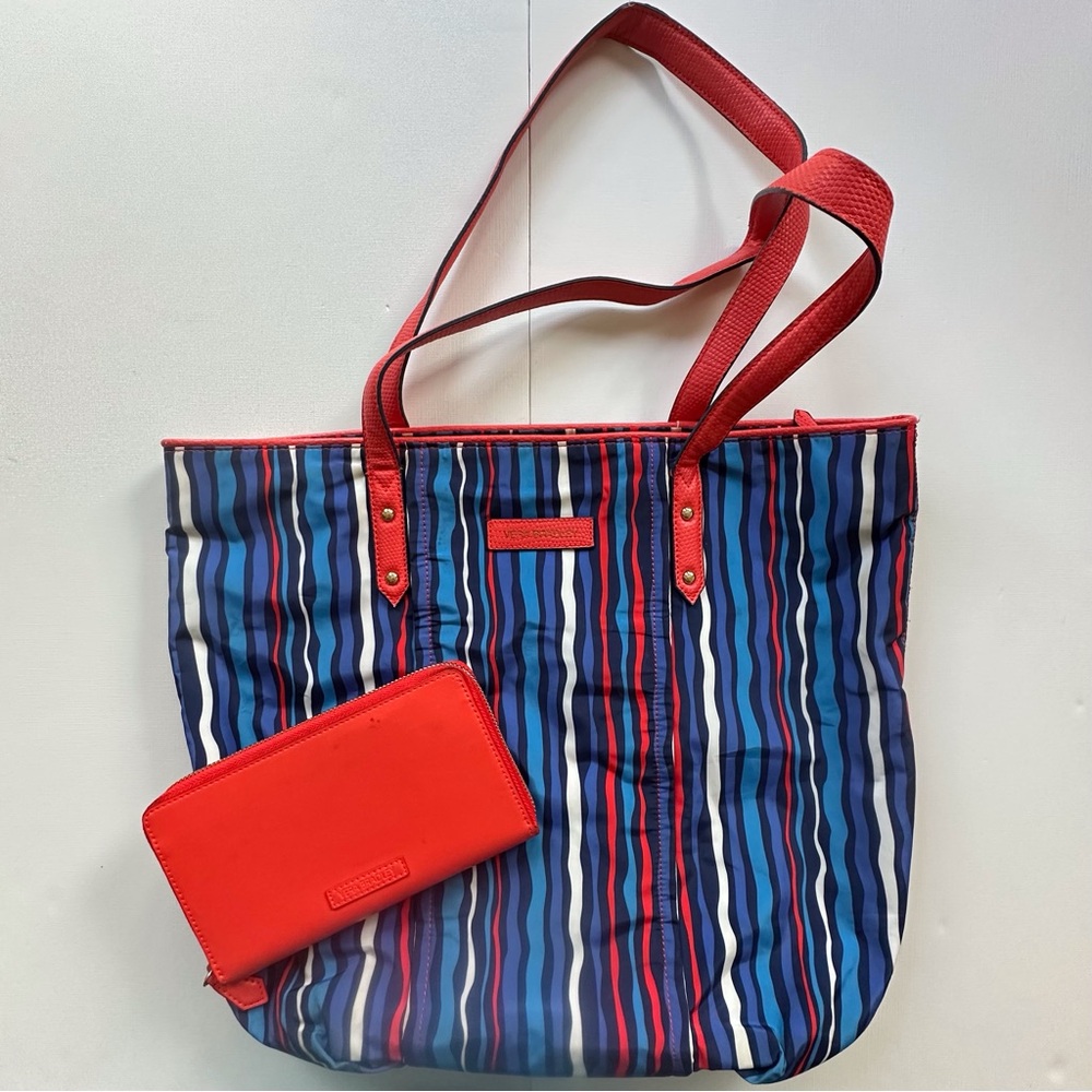 Vera Bradley large Preppy Poly Purse Matching Wallet‎ Orange Blue Stripes Zipper
